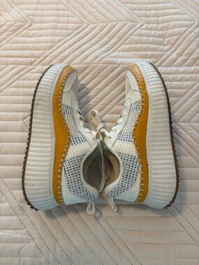 DreamPairs Women’s White Knit Platform Sneakers with Mustard Trim